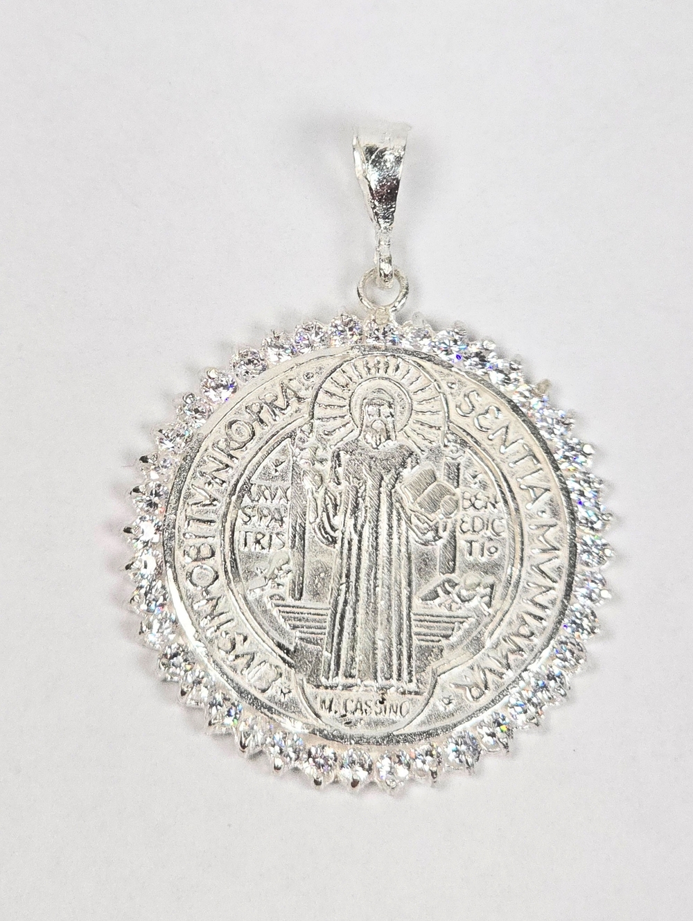 Saint Benedict Medal Pendant CZ Large San Benito 925 Sterling Silver 37mm